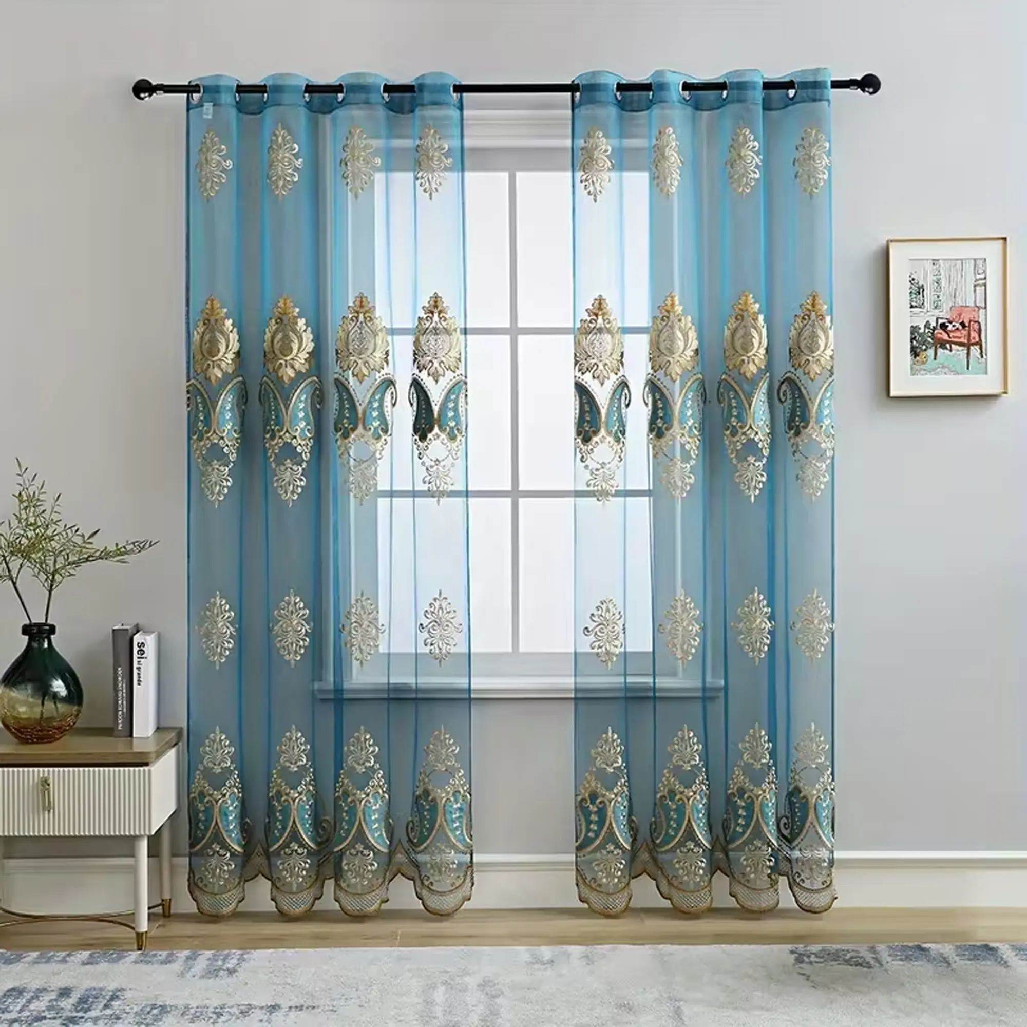 1pc Elegant Peacock Blue Floral Embroidered Curtain Set, Lightweight Luxury Light Blocking Drapes Home Decoration Curtain for Living Room Bedroom Balcony Door Decor