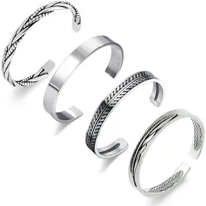 4Pcs Men's Cuff Bracelets Silver Cuff Bracelet Leaves Pattern Twisted Open Cuff Bracelet jewelry