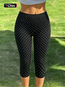 Women's Sporty Polka Dot Knit 7/8 Pants, High Waist Quick Dry Yoga Bottoms, Compression Skinny Trousers for Fitness Training