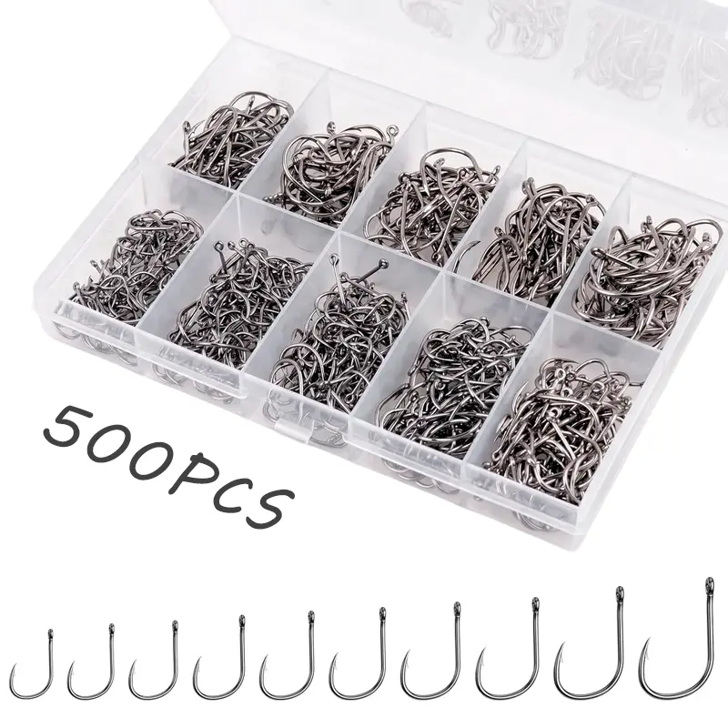 125/500Pcs Carbon Steel Barbed Fishing Hooks Kit 5/10 Sizes Sharp Circle Hook Kit With Storage Box For Freshwater Saltwater