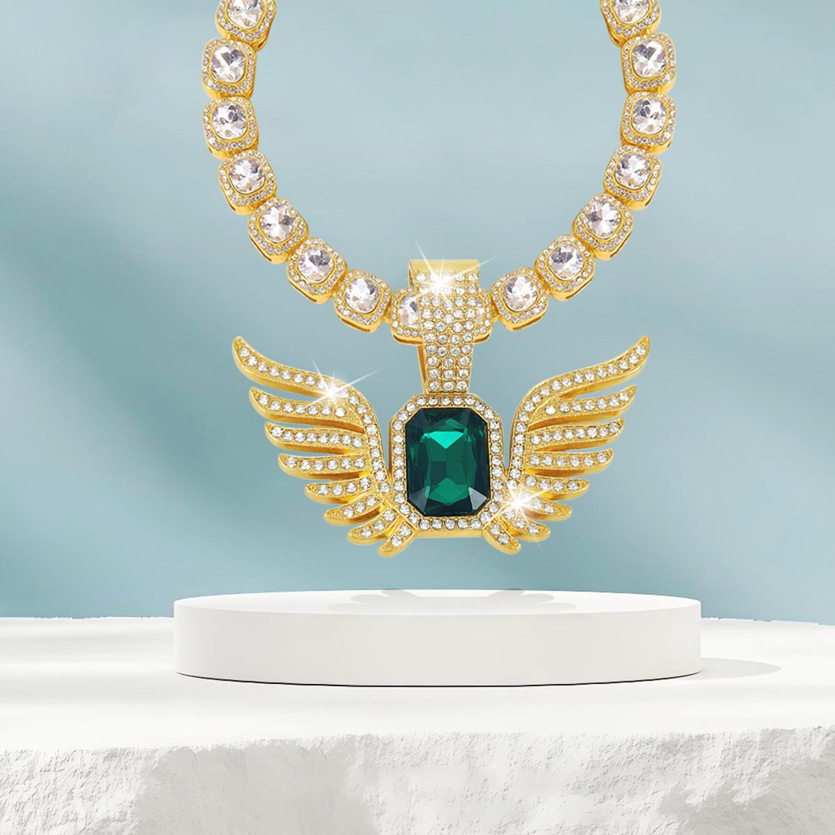 Diamond Square Necklace with Angel Wing Pendant Hip Hop Zircon Baguette Chain Tennis Chain with Elegance Angel Wing Pendant Ideal Jewelry for Daily Wear Gift for Men Women Boys, Girls Birthday Wedding Party