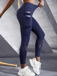 Women's High Waist Pocket Contrast Mesh Sports Leggings, High Waisted Leggings, Solid High Stretch Yoga Legging, Ladies Sportswear Clothing for Indoor Outdoor Wear