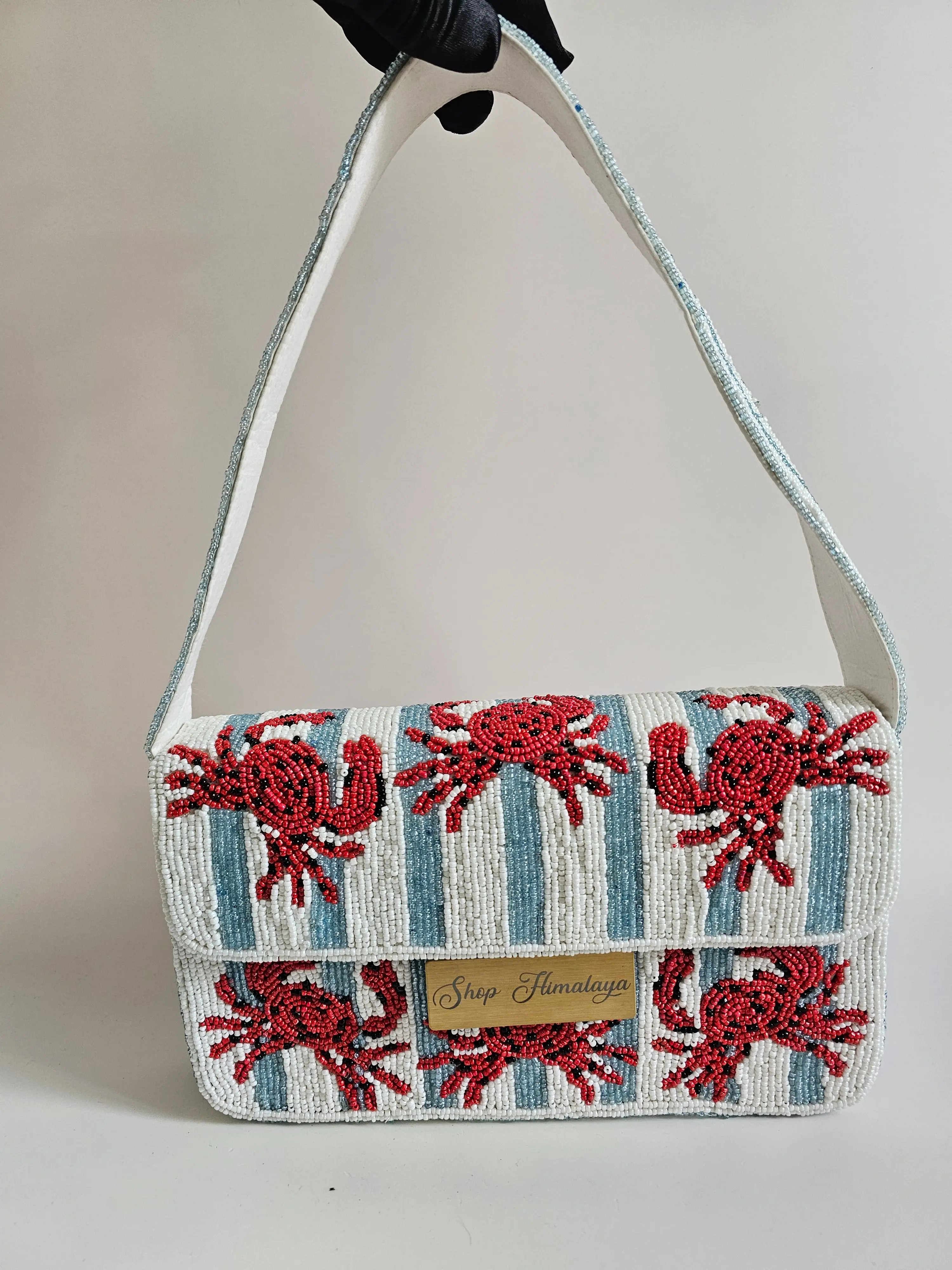 Hand-Beaded Crab Shoulder Bag, Nautical Beaded Purse Coastal