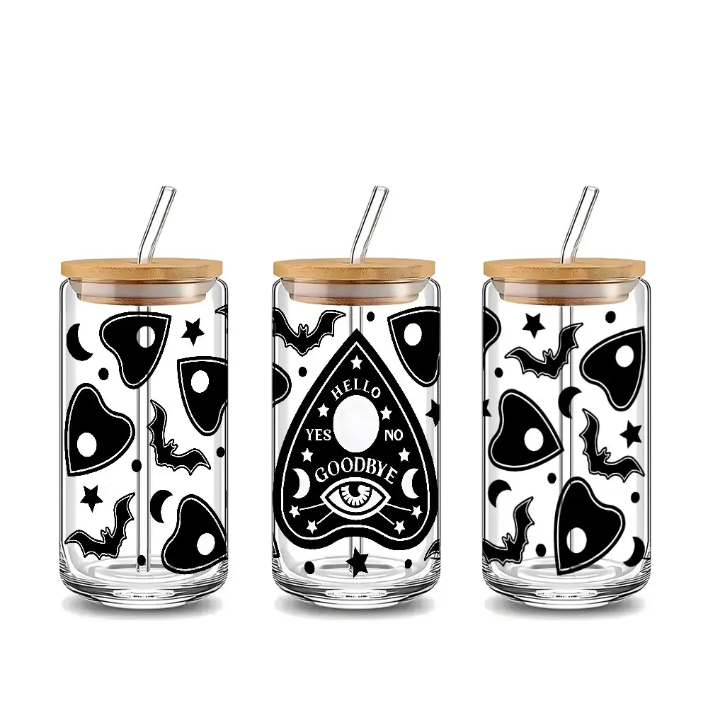 Gothic Ouija Board & Bats Design 16oz Glass Can Cup with Lid and Straw, Glass Tumbler with Straw and Lid, Reusable Glass Drinking Cup, Glass Jar for Iced Coffee, Cold Drinks, Spooky Glassware, Drinkware, Gift for Halloween Lovers
