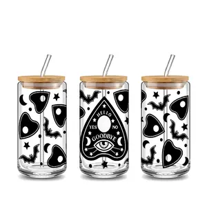 Gothic Ouija Board & Bats Design 16oz Glass Can Cup with Lid and Straw, Reusable Glass Drinking Cup, High-Quality Glass Jar for Iced Coffee, Beer, Juice, Cold Drinks, Spooky Fashionable Glassware, Drinkware, Perfect Gift for Halloween Lovers