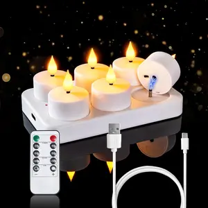 Rechargeable  Lights Flameless Candles with Remote Timer,  Operated LED Tealight Candles, USB Candles for Wedding Table Centerpiece Reception Banquet Christmas Halloween, 6-Pack