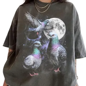 Vintage Pigeon Moon Shirt, Three Pigeon Graphic T-Shirt, Retro Bird Illustration Tee, Funny Bird Watching Shirt, Unisex Cotton T-Shirt, Silly Gift for Bird Lovers, Gift for Men, Gift for Women, Crew Neck T-shirt, Trending T-shirt