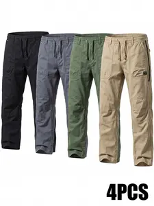 4-pack men’s multifunctional cargo pants, stylish athletic pants, street style, collegiate style, drawstring jogger pants, straight-leg pants—ideal for outdoor activities, everyday casual wear, and work/office wear.