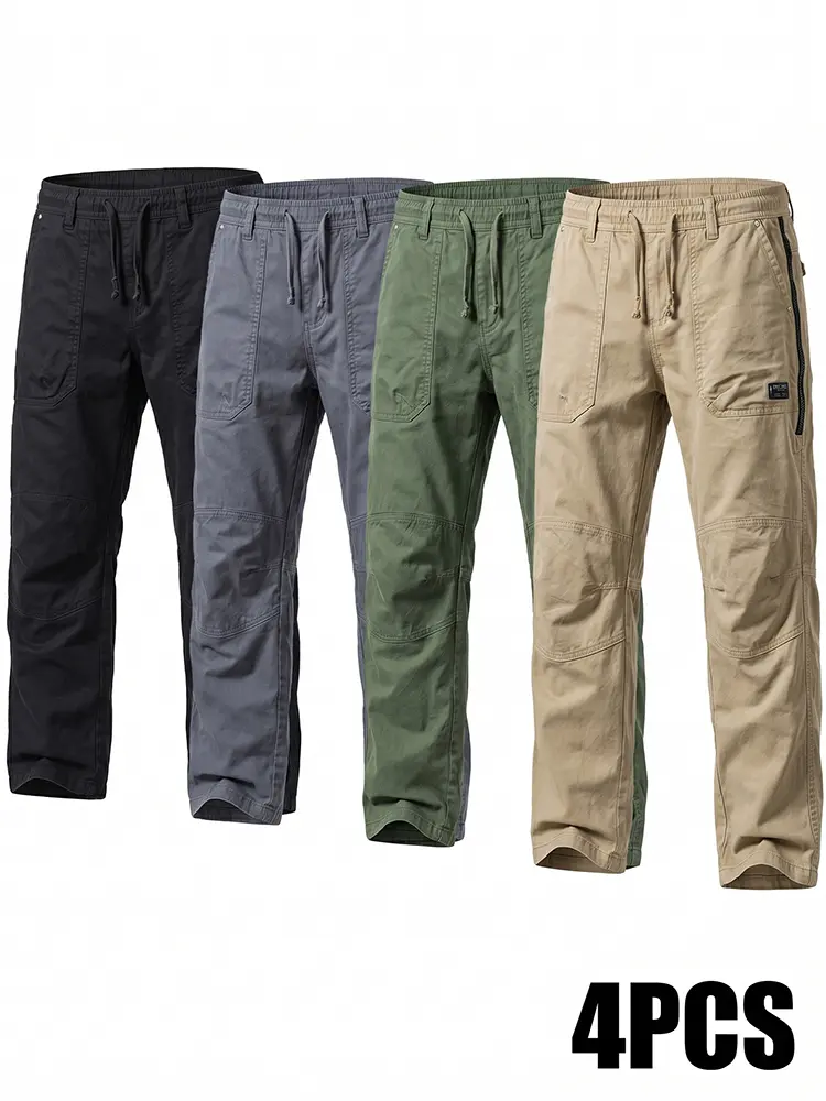 4-pack men’s multifunctional cargo pants, stylish athletic pants, street style, collegiate style, drawstring jogger pants, straight-leg pants—ideal for outdoor activities, everyday casual wear, and work/office wear.
