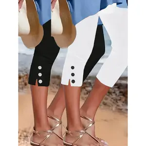 2pcs Women'S Slim Fit Capri Leggings - Navy Blue & White Button Detail, Stretchy Mid-Weight Fabric, Perfect for Beach & Casual Wear, Beachwear Essentials |   Button Detail Leggings |   Stretchy Fabric Leggings, Capri Leggings