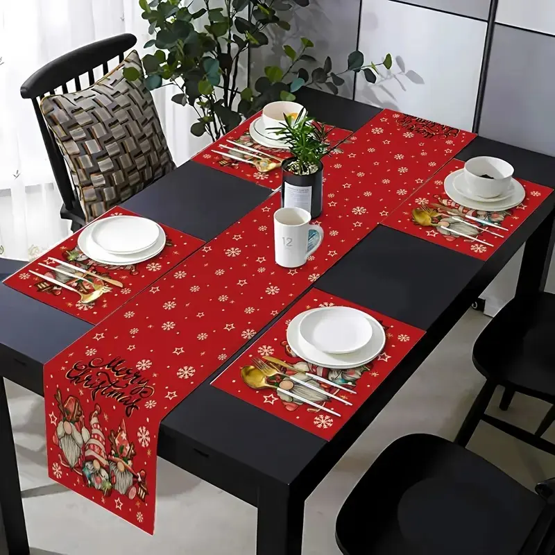 1 piece/5 piece set/7 piece set of red and gold Christmas table flags and placemats - rectangular holiday table decoration with snowflake, and holly berry patterns, suitable for Christmas dining, and winter table decoration, party decoration supplies