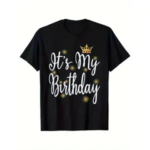 Men'S Funny "It'S My Birthday" Graphic T-Shirt with Golden Crown & Cursive Lettering - Black Retro Casual Round Neck Tee for Birthday Party Outfits, Casual Celebration Apparel, All-Season Fit Adult Men'S Fashion Top