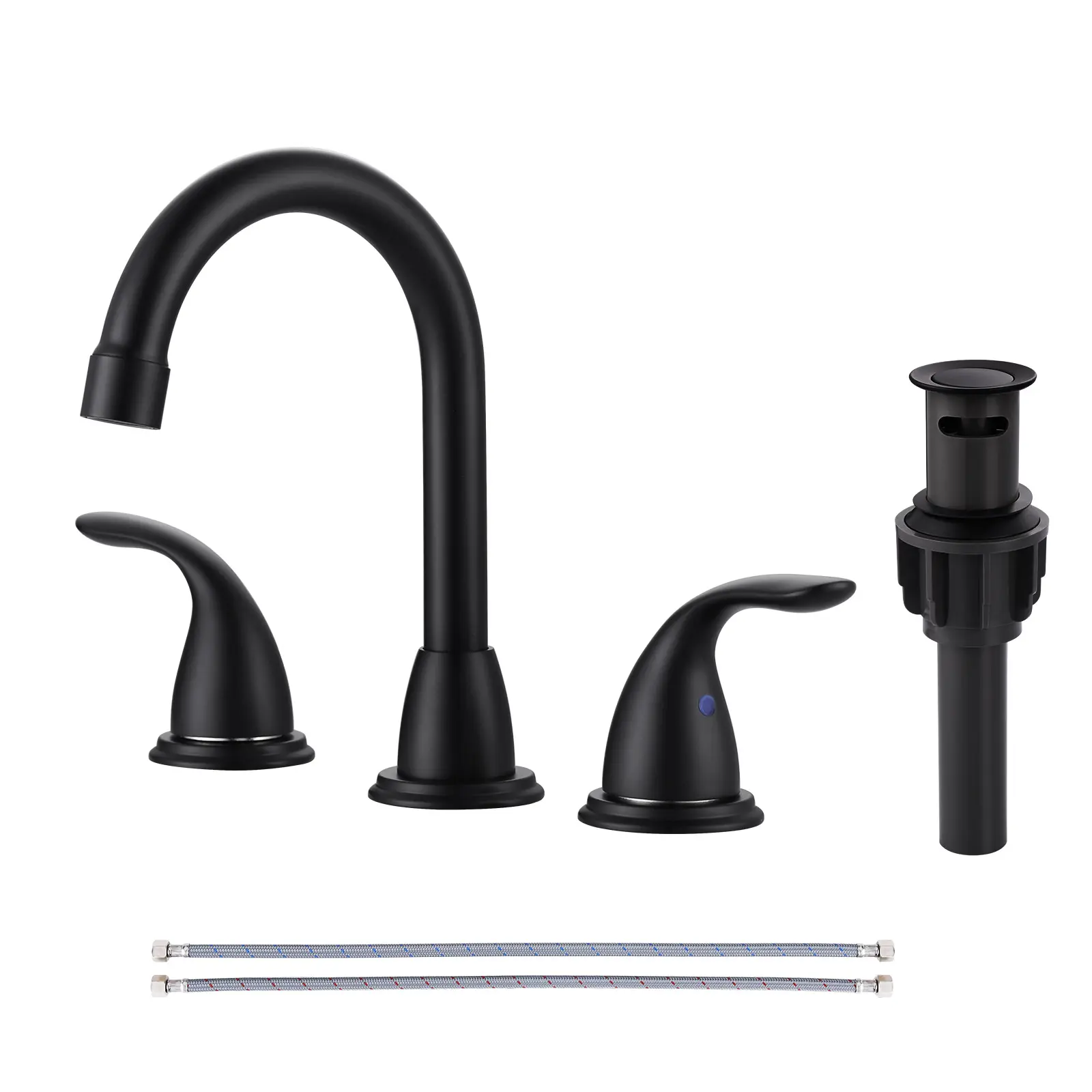 WOWOW Classic 8 in. Widespread Double-Handle Laminar Flow Bathroom Sink Faucet - Swivel Spout, Popup Drain, Supply Lines, Matte Black, Adjustable Holes, Easy Install, Water Control, 500000 Cycle Testing, for Homes, RVs
