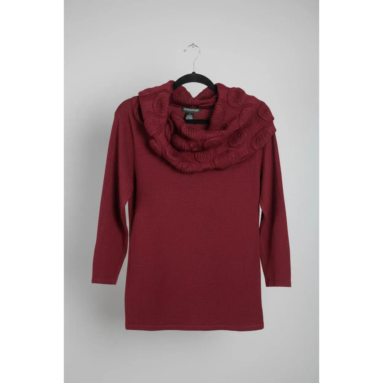 Dark Red Chunky Knit Cowl Neck Sweater – Textured Circular Detail Pullover