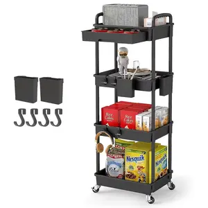 4 Tier Rolling Cart Organizer,Art Craft Diaper Bedside Snack Laundry Room Bathroom Organizer Narrow Thin Slim Rolling Trolley Utility Cart with Wheels for Kitchen,Office(Black)