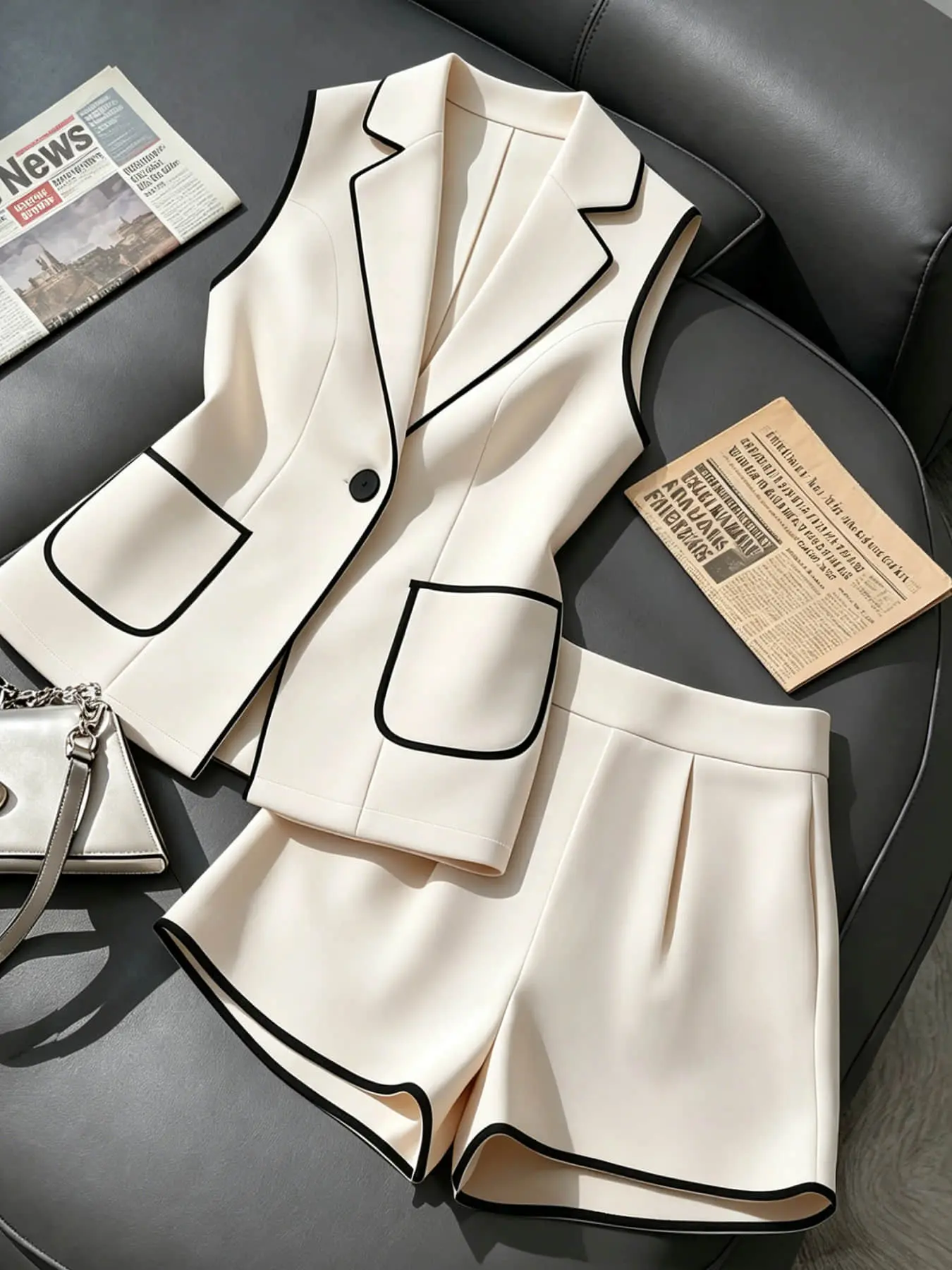 Two-piece Women's Fashion Maternity Outfits: Black Edge Sleeveless Vest + High-Waisted Shorts, Slimming Commuter Outfit, Perfect for Summer, Maternity Summer Clothes, Pregnancy Summer Outfits, Suitable for Dates, Office Commutes, Business Casual Wear