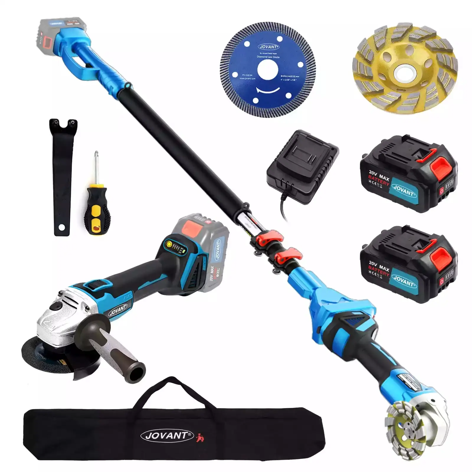 Cordless Telescoping Pole Angle Grinder 20V Max, 2pcs 4Ah Batteries & Charger, 5.3 to 15-Feet Telescoping Pole with 180° Pivoting Head, Stone Cutting & Grinding Kit, Includes 1PC Marble Cutting Wheel & 1PC Marble Grinding Wheel