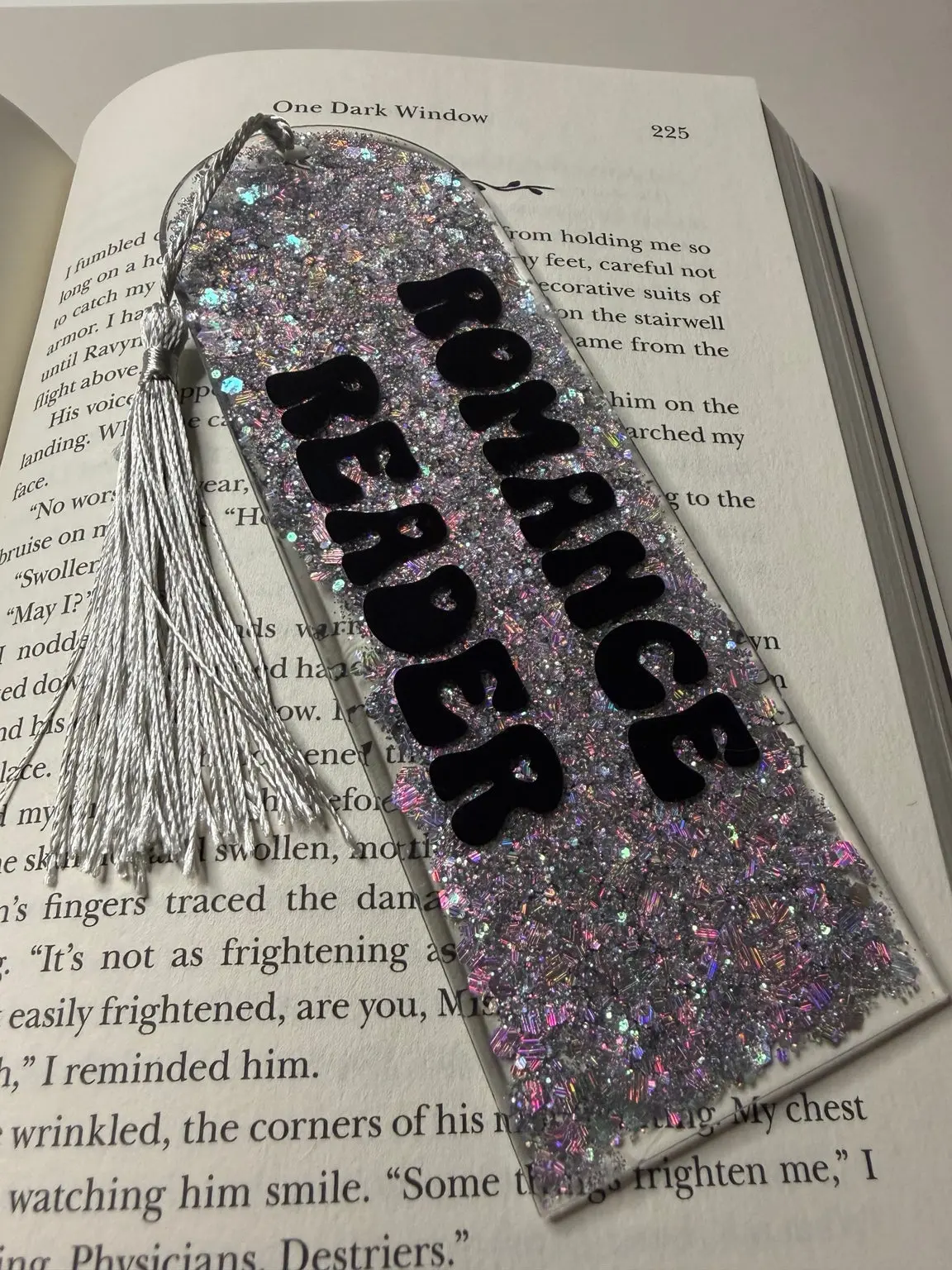 Romance Reader Silver Glitter Resin Bookmark