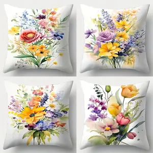 4 Piece Single-Sided Print Simple Floral Pillow Covers, Square Sofa Cushion Cases for Living Room Bedroom Car, No Filler Included, Floral Pattern
