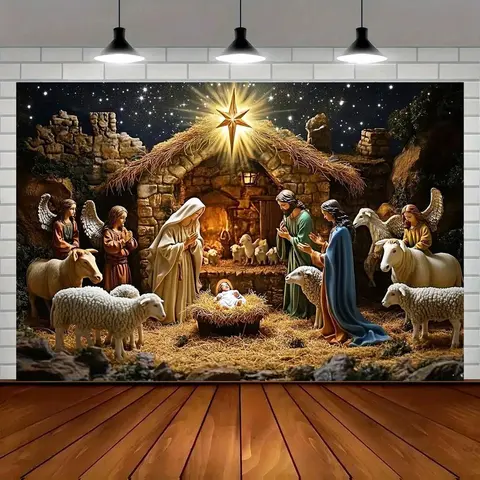 1pc Durable Poly Fabric 2D Flat Christmas Nativity Scene Wall Hanging Backdrop Banner - Party Decorations Banners with Angels, Sheep, Stable, Starry Night Sky for 1-Piece Ceremony, Home Decor