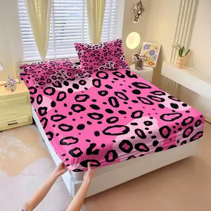 Classic pink and black leopard print fitted sheet set, Bed sheet set, Includes 1 Fitted Sheet & 2 Pillowcases without Filler, Comfortable and soft, Multiple styles available