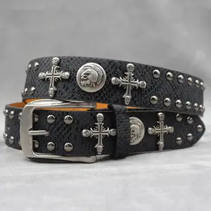 Punk style trendy fashion belt, cross skull design rivet decoration street y2k, unisex, street party clothing accessories, perfect for pairing with jeans