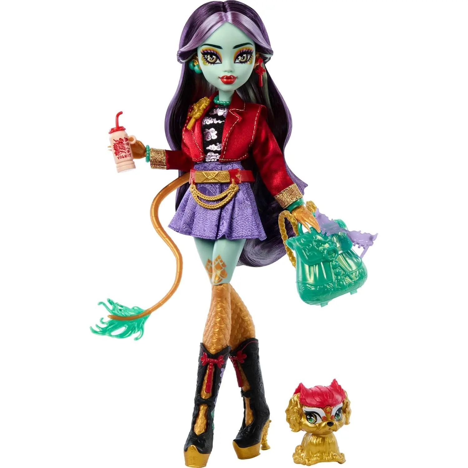 Long Doll, Dragon with Pet Dog Cloudy "Yun Yun" and 7 Accessories Like Sketch Pad, Yogurt Drink, Backpack and More