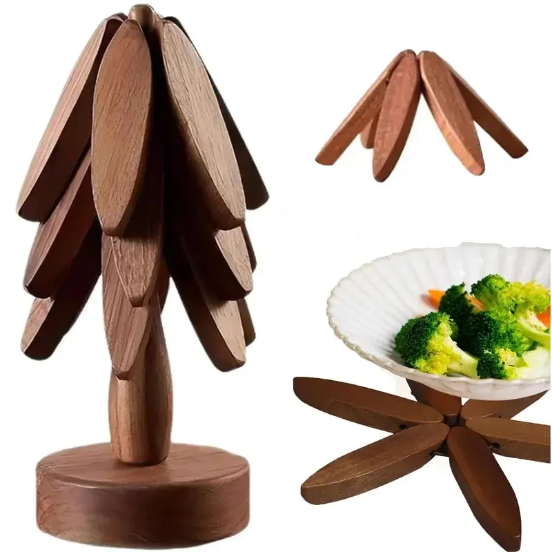 Walnut Tree Shaped Wooden Trivet Set, Foldable Non-Slip Heat Resistant Insulation Table Mats, 3 Pack Decorative Wooden Pot Holders with Storage Stand, Heat Proof Pads for Hot Pots, Pans & Dishes, Suitable for Kitchen Countertop & Dining Table