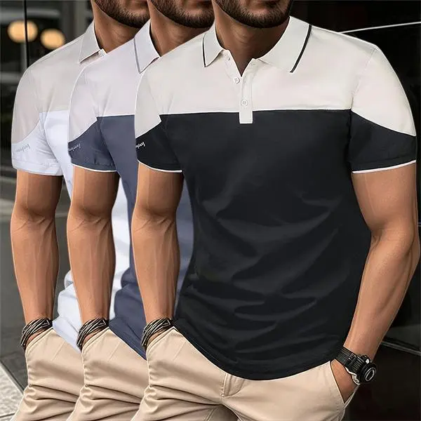 Men’s 3-Pack Essential Color Block Polo Shirts - Soft Stretch Spandex Fabric, Slim Tailored Fit, Ideal for Office, Outdoor Wear; Men’s Jeans & Pants Matching Tops, Classic, Breathable, Patchwork, Polyester, Shortsleeve