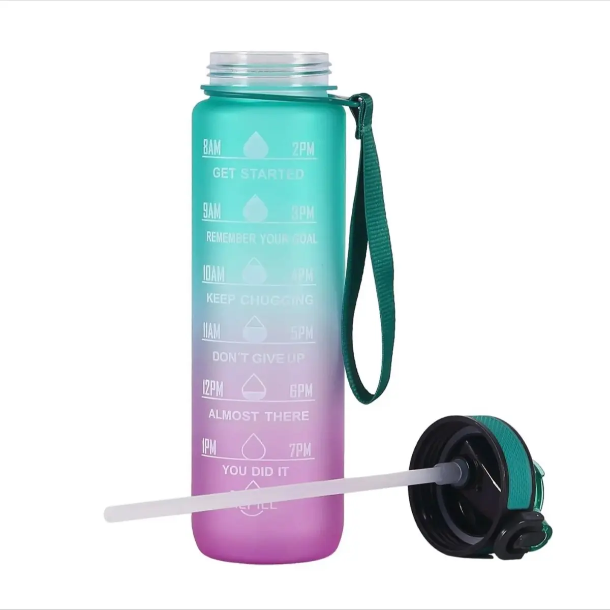 32 oz Water Bottle with Time Marker, Carry Strap, Leak-Proof Tritan BPA-Free, Ensure You Drink Enough Water for Fitness, Gym, Camping, Outdoor Sports