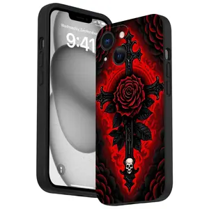 Straight Edge Dark Rose Cross Pattern Man's Phone Case for iPhone 15 16 14 Pro Max 13 12 11 XR XS Plus Shockproof Full Camera Protection Durable Slim Silicone Cover Cellphone Protective Smartphone Casing