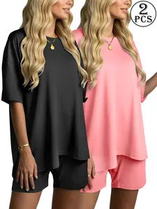 2 Piece Set Japanese Lazy Style Graphic Casual, Women's Summer Loose Short Sleeve Shorts, Wearable at Home or Outdoor