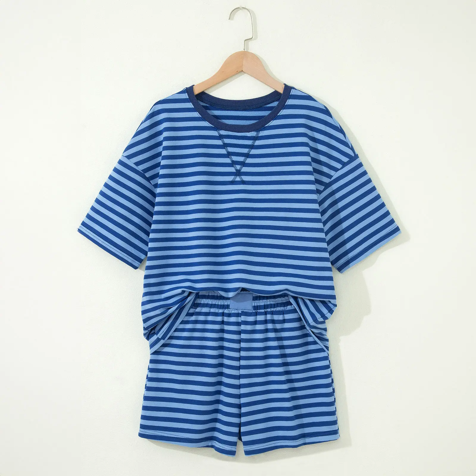 Asvivid Women Stripe Striped Ribbed Cotton Two-Piece Short Set with Chest Patch Detail Summer Womenswear Top Shorts Clothes Casual Breathable Fashion