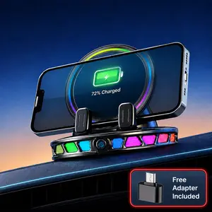 Wireless Charging Magnetic Car Mount, 360° Adjustable Phone Holder with RGB Lighting, Strong Vacuum Dashboard Suction, Car Accessories Gift for Men & Women