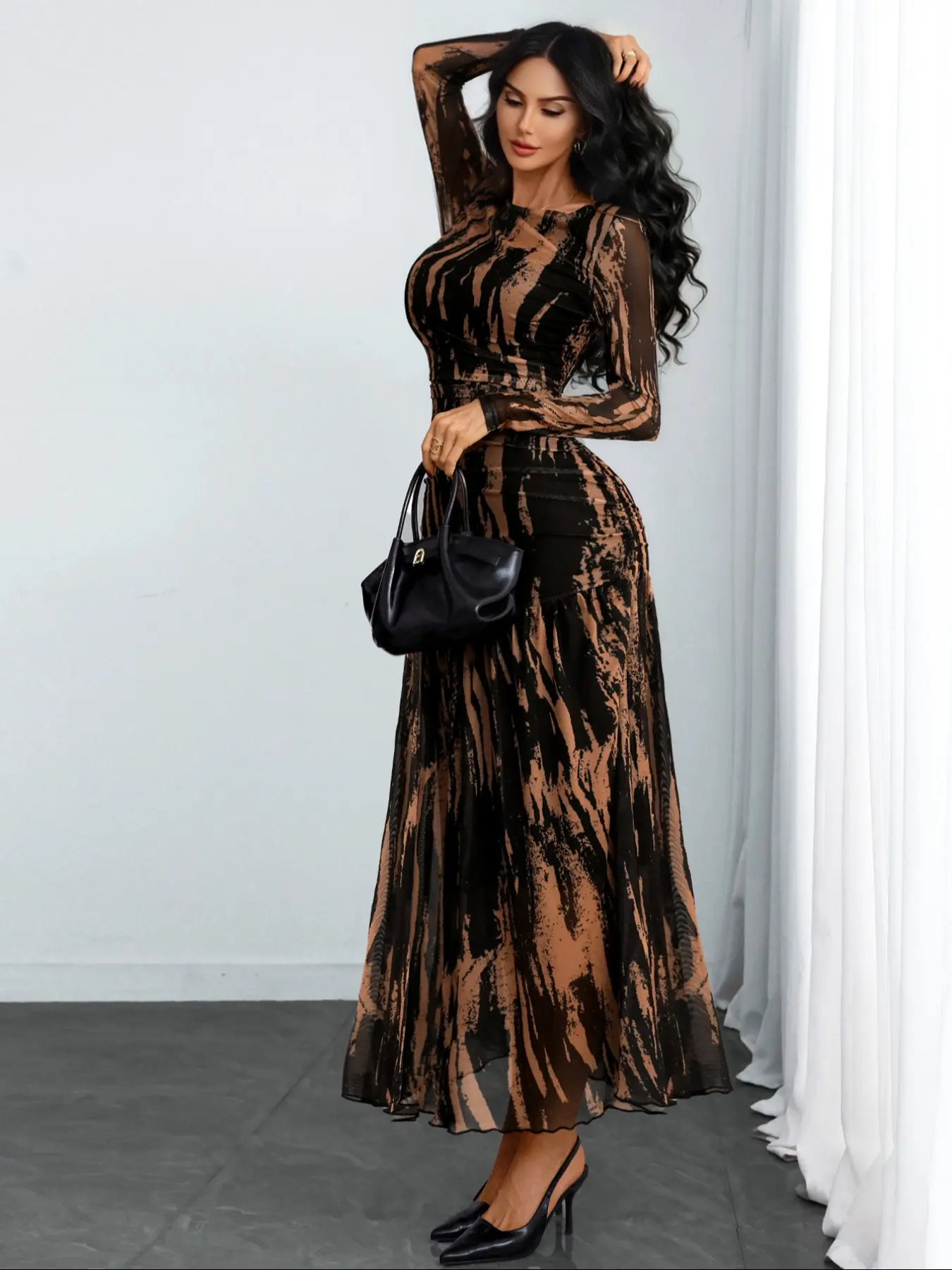 Women's Gothic Irregular Striped Print Long Sleeve Mesh Fitted Elegant  Vintage Dress, Retro Style, Perfect for Casual Wear - TikTok Shop
