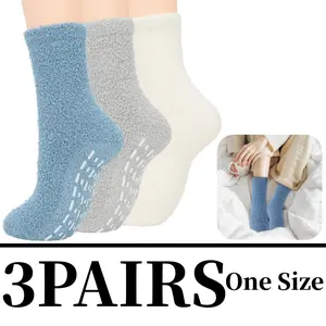 3 Pairs Non Slip Socks for Women Winter Warm Cozy Fuzzy Slipper Socks Soft Fluffy Hospital Socks with Grips