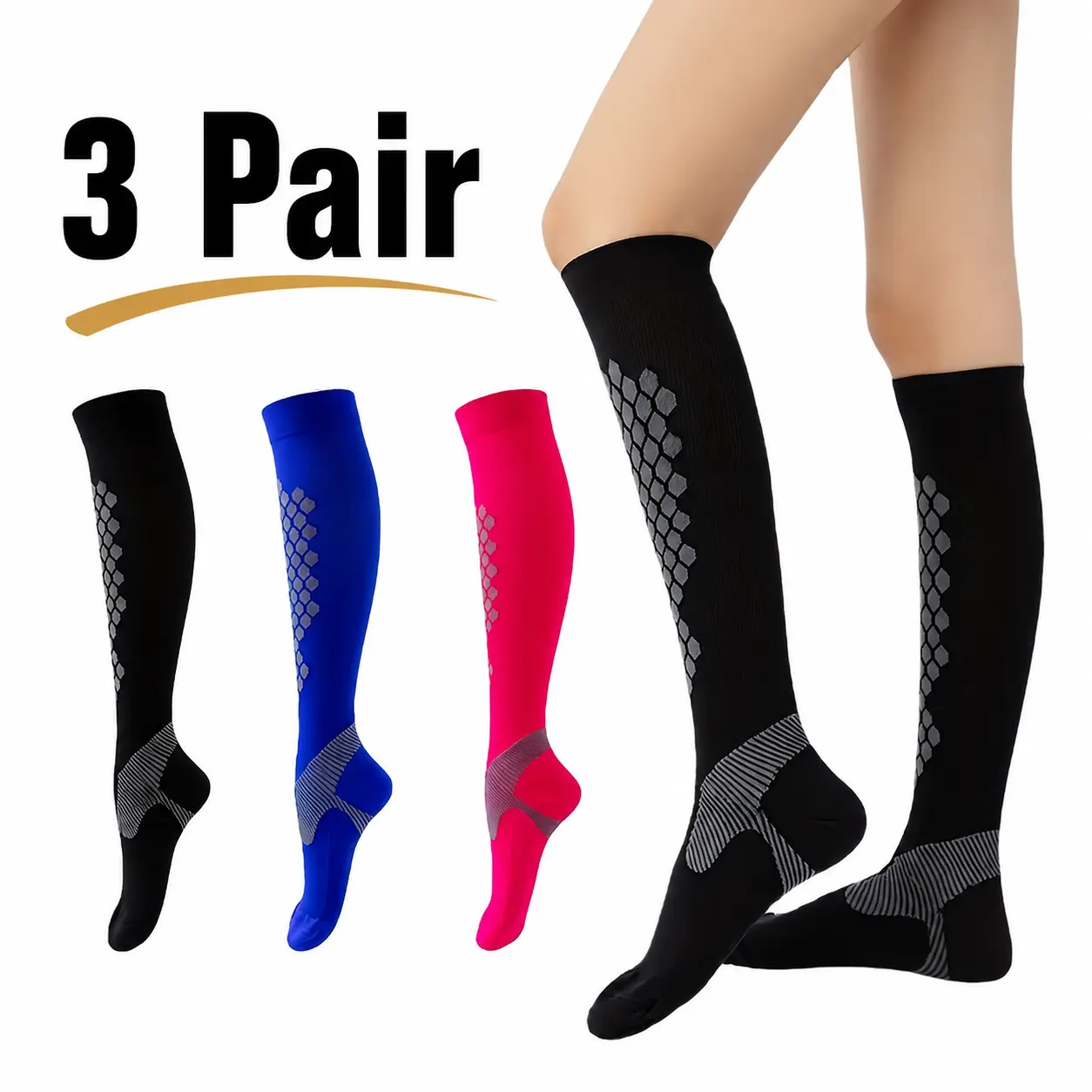 3 Pairs Compression Socks for Men Women, Knee High Athletic Socks with Supportive Fit, Running Sports Socks, Workout Cycling Travel Socks for Nurses, Fitness & Daily Wear