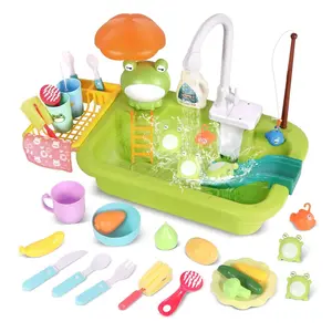 1 set toy sink with running water, Cleaning playset, kitchen sink toy with faucet, play food and kitchen accessories, floating fishing water toy suitable for toddlers, children's role-play dishwasher toy, color random, batteries not included