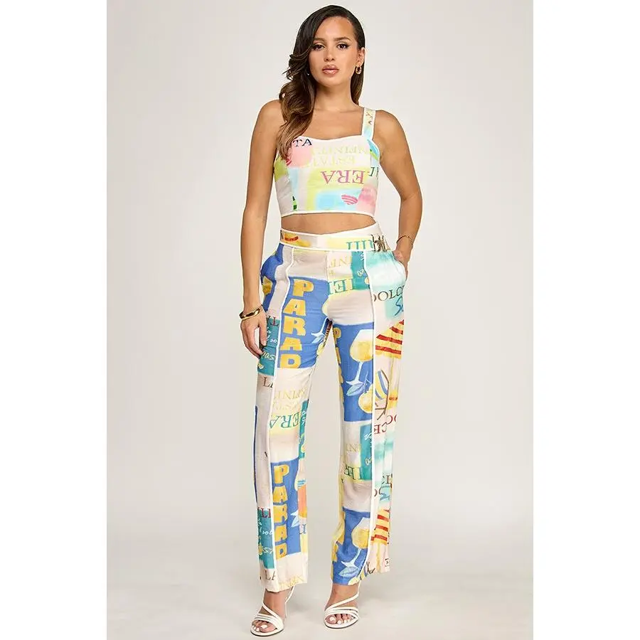 Colorful Paris Print Crop Top & High-Waisted Pants Set for Women