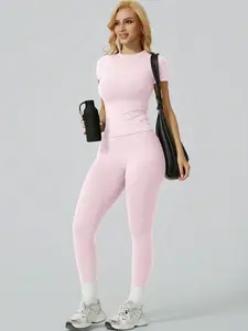 FLEXA Women's Seamless Short Sleeved Long Pants Stretchable Waist Abdomen Control High Waist Training Fitness Equipment Collar Set Fitness Yoga Fitness Purple Buttock Lifting Outfit