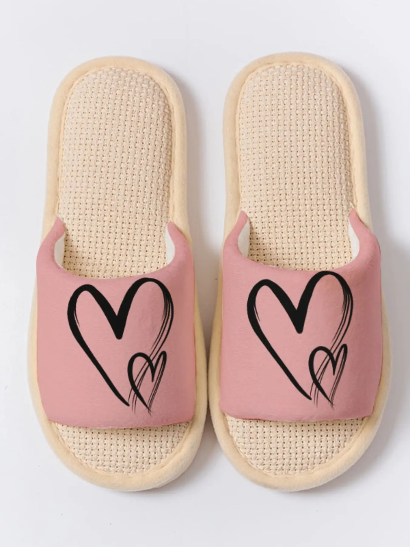 Double Heart Linen Slippers, Non-slip Breathable Lightweight All Season House Shoes for Couples Family Women Men Guest Daily Wear