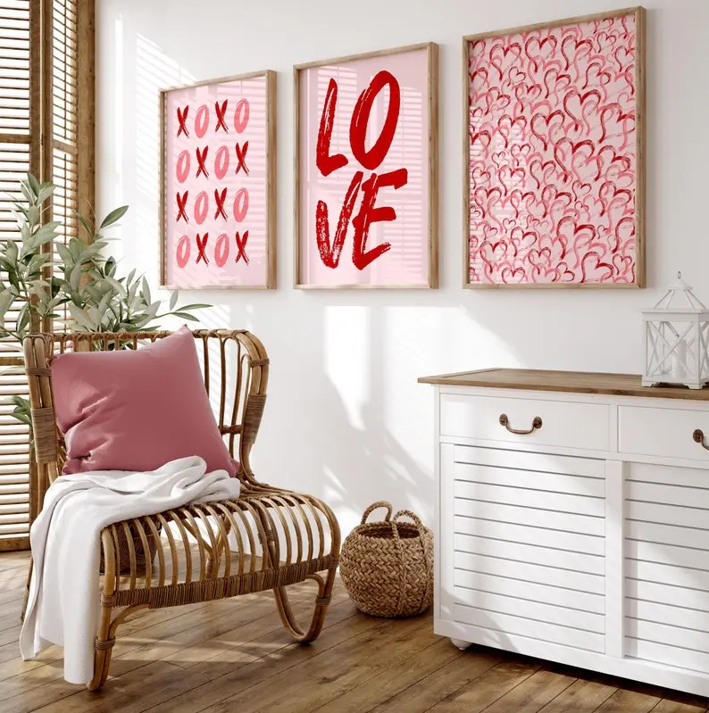 Love Poster Set of 3, Preppy Gallery Wall Set, Red Pink Bedroom Decor, XOXO Wall Art, Love Sign Poster, Hearts Artwork, Valentines Day Gift