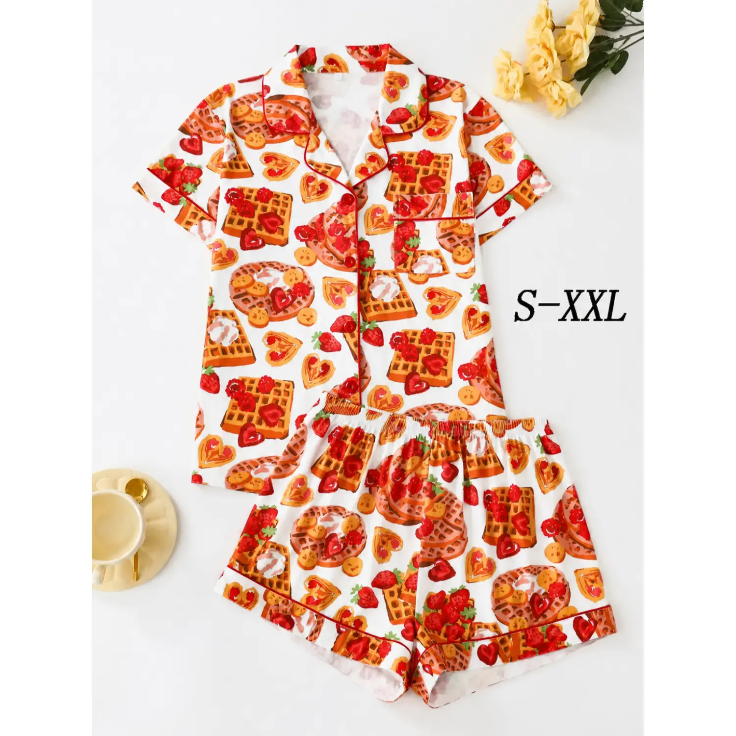 Women's Fruit Print Pajama Set - Short Sleeve Shirt & Shorts, Comfy Summer Sleepwear, Casual Loungewear PJs