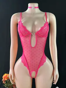 Backless Sexy Lingerie Floral Lace Hollow Out Teddy Open Crotch Jumpsuit with Garter Belt Women's Sexy Bodysuit Set (One-piece + Love Necklace) Womenswear Basic christmas under fation Nightgown