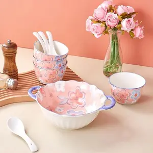 Golden Lion 9-Piece Dinnerware Set - Pink Floral Ceramic Bowls & Spoons, Family Dining Essentials