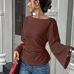 Casual loose flared top with tie and waist design, solid color women's fashionable long sleeved shirt, suitable for daily wear
