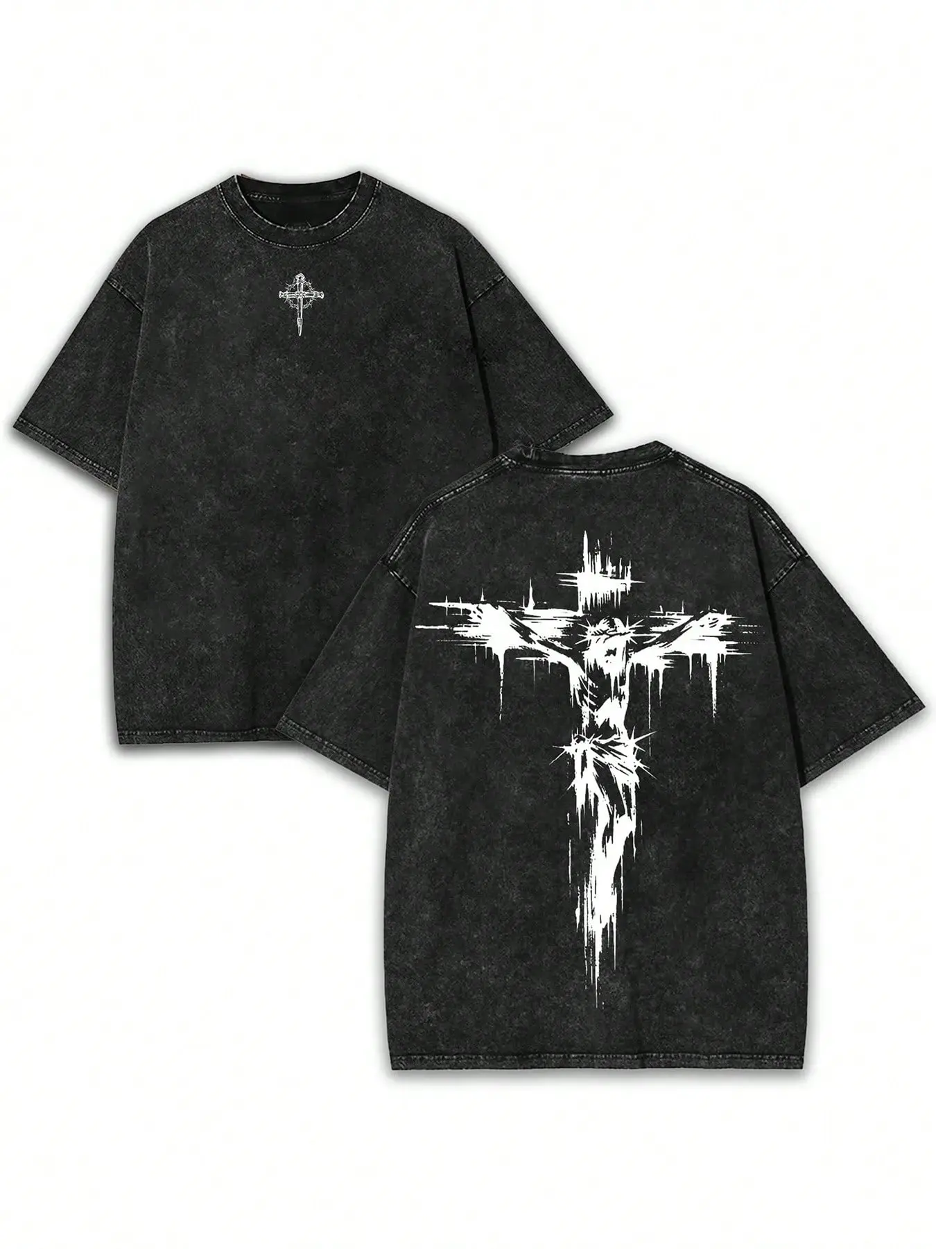 Men's Distressed Acid Wash Short-Sleeve Casual Baggy T-Shirt - Jesus On Cross Graphic, Christian Faith, Vintage Oversized Streetwear Sport Top