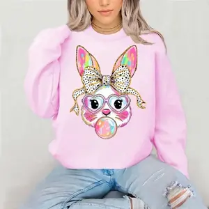 Easter Bunny Sweatshirt, Cute Bunny Bow & Pacifier Graphic, Pastel Spring Rabbit Hoodie, For Women