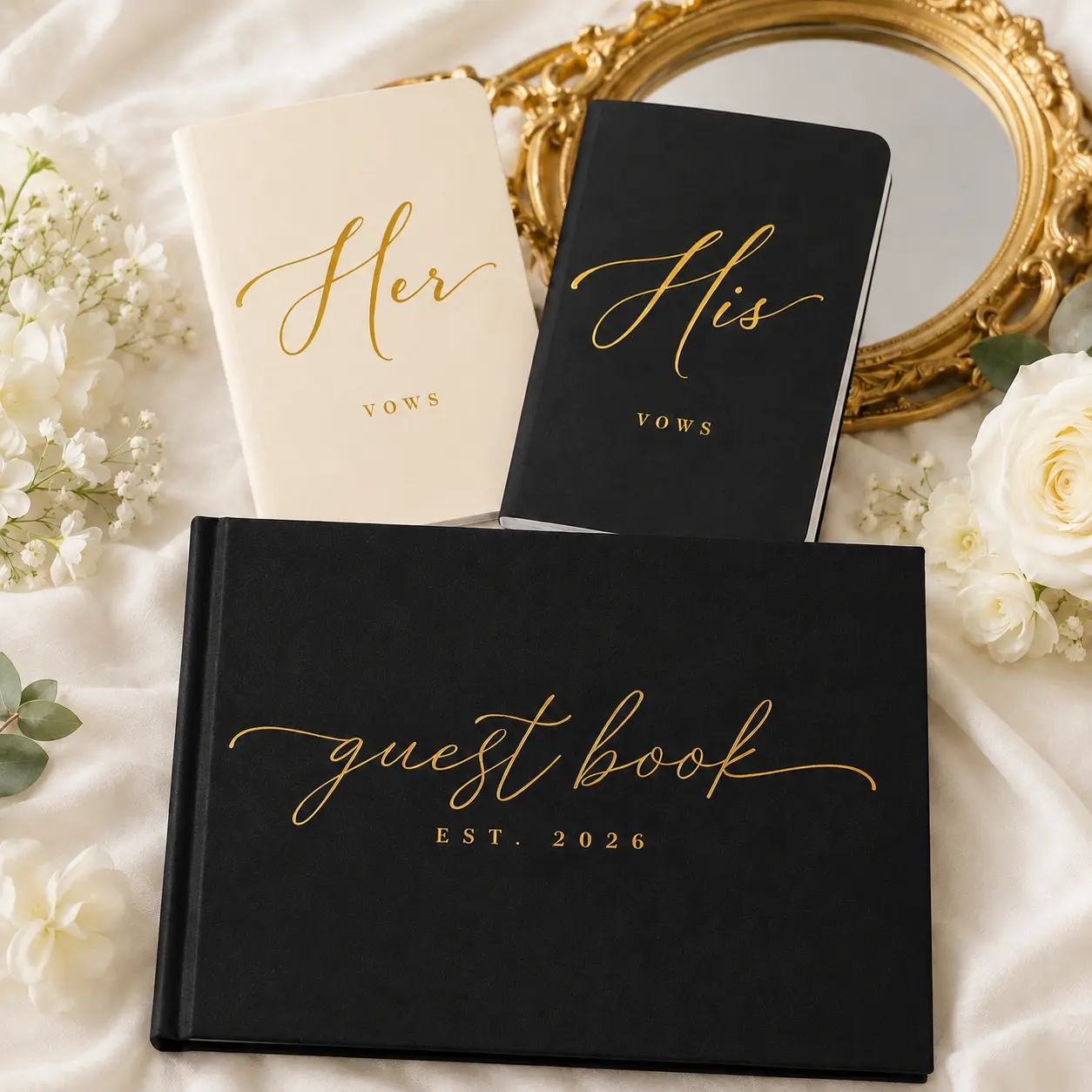 Artesori Premium 2026 Wedding Keepsake Set-Pack - Gold Foil Wedding Guest Book, His & Hers Vow Books for Bride Groom Pair, Wedding Reception Gift