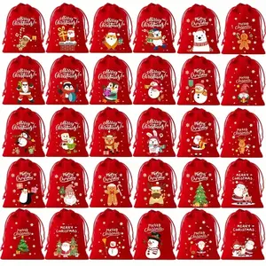30pcs Christmas Drawstring Bags, Santa Gingerbread Elf Patches, Candy & Gift Pouches, Festive Holiday Storage Solutions, Party Gift Packs